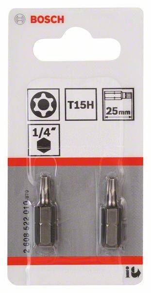 Werkzeugverpackung mit einem T15H-Bit, 1/4-Zoll-Sechskantschaft, 25 mm Länge, mit einem Stern-Icon. Zwei Bits in transparentem Gehäuse sichtbar.
