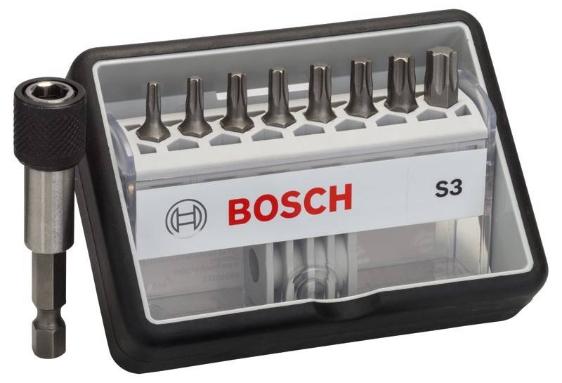 Ein Set von Bosch S3 Schraubendrehereinsätzen in einem transparenten Kunststoffetui, das sieben verschiedene Größen übersichtlich in einem Halter präsentiert.