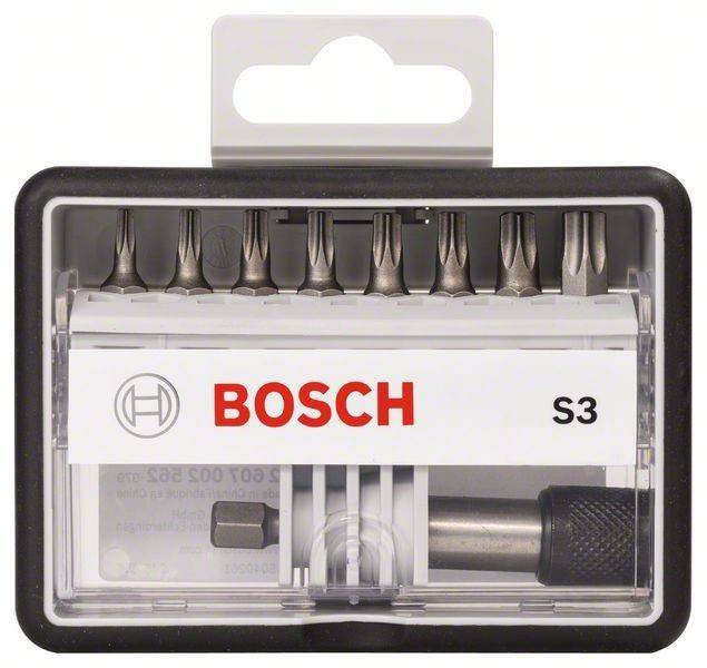 Bosch S3 Schraubendreher-Bit-Set in Kunststoffkoffer mit mehreren sichtbaren Bitköpfen.
