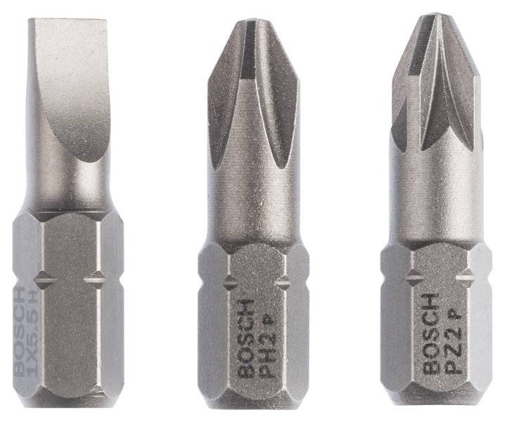 Drei metallische Schraubendreher-Bits mit unterschiedlichen Kopfformen, beschriftet mit 'BOSCH PH1', 'BOSCH PZ2' und 'BOSCH SL6', entwickelt für verschiedene Schraubentypen.