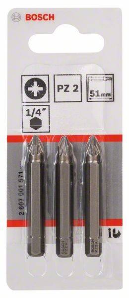 Drei silberne PZ 2 Schraubendreh-Bits, 51mm Länge, verpackt in einer Blisterverpackung. Kompatibel mit einem 1/4 Zoll Antrieb.