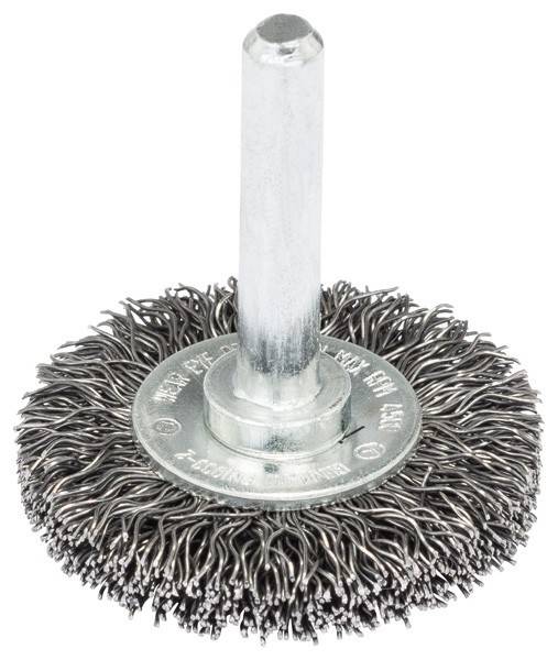 Ein kreisrunder Drahtbürste mit dicht gepackten Borsten und einer zentralen Metallachse, die zum Reinigen und Polieren von Oberflächen verwendet wird.