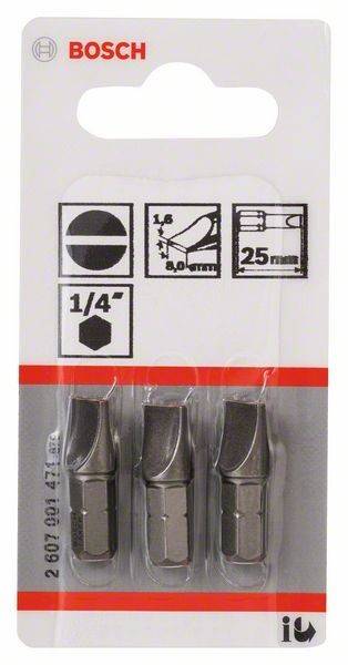Satz von drei 1/4-Zoll-Schraubendreher-Bits mit Illustrationen, die die Abmessungen zeigen: Länge 25 mm, Breite 6 mm und abgerundete Spitzengestaltung.