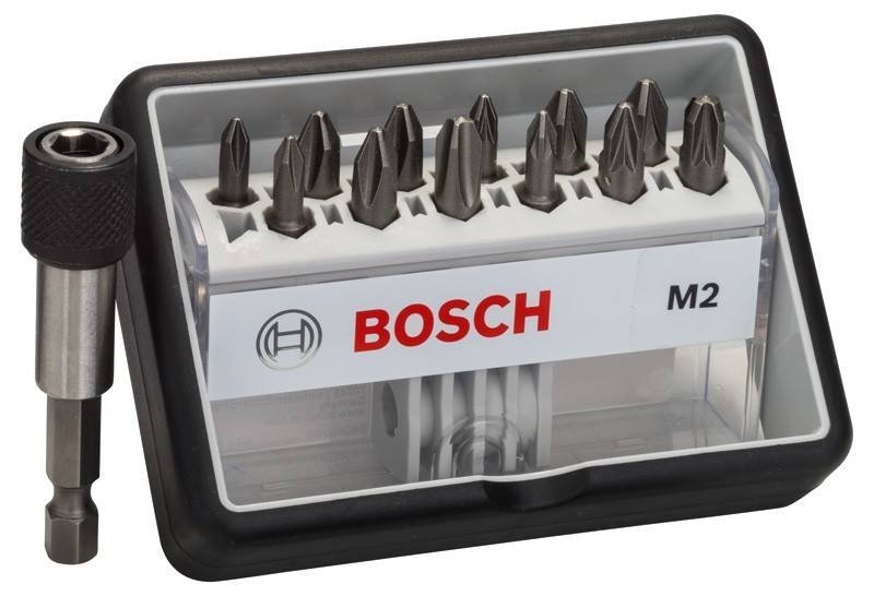 Ein kompaktes Bosch M2 Schraubendreher-Bit-Set mit 10 schwarzen Bits, die übersichtlich in einem Kunststoffetui angeordnet sind und eine Vielzahl von Spitzenformen und -größen präsentieren.