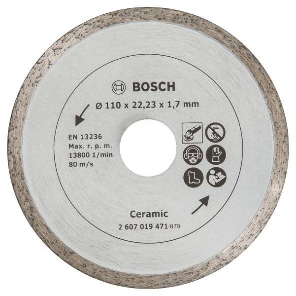Kreissägeblatt für Keramikschnitt, Marke Bosch, Größe 110x22,23x1,7 mm, max. 13.800 U/min, Geschwindigkeit 80 m/s, mit Sicherheitssymbolen.