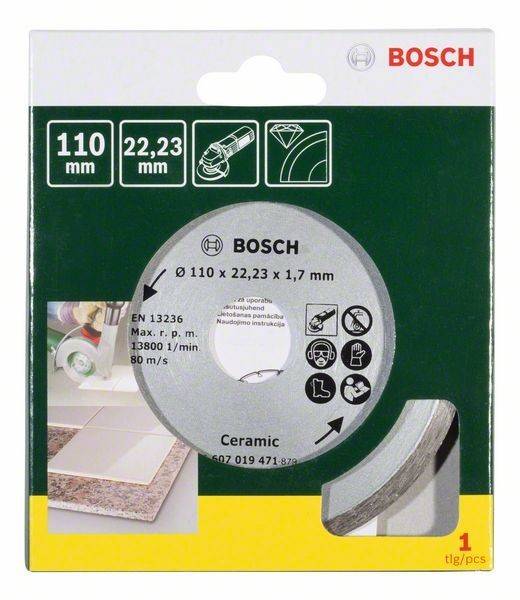 Kreissägeblatt-Verpackung, Marke Bosch. Zeigt Abmessungen von 110 x 22,23 x 1,7 mm, für Keramik geeignet. Enthält Sicherheitssymbole und Fliesenabbildung.