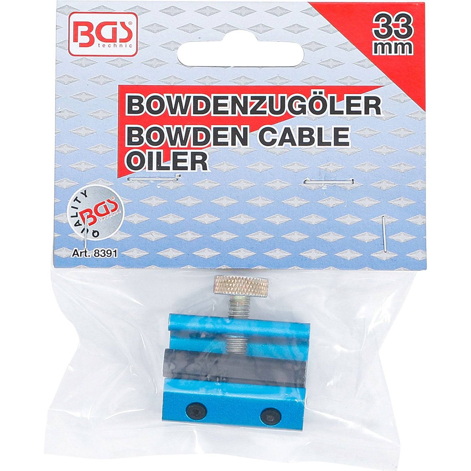 Bowden-Kabel-Öler mit einem blauen Metallwerkzeug auf der Verpackung. Beschriftet mit 33 mm, Art. 8391. Dient zur Schmierung von Bowden-Kabeln.
