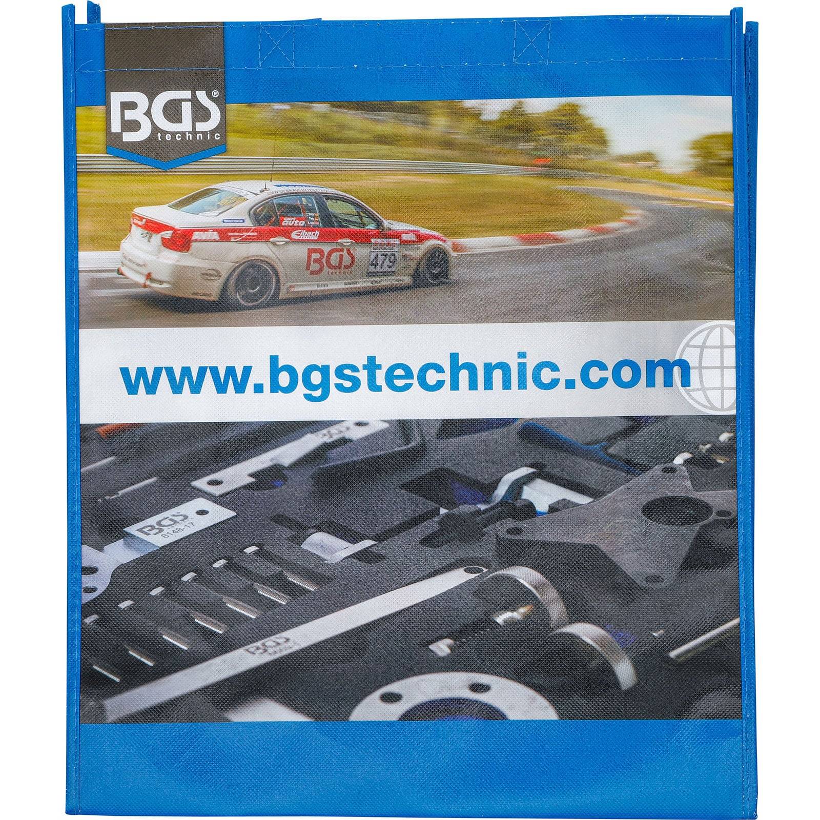 Tasche mit 'BGS Technik'-Branding, die ein Bild eines Rennwagens und von Werkzeugen zeigt. Die Webadresse 'www.bgstechnic.com' ist prominent platziert.