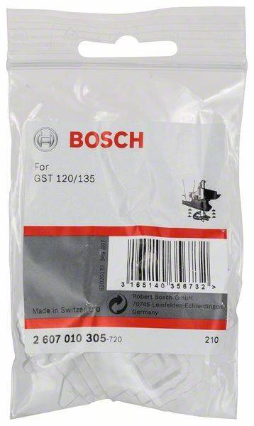 Bosch-Paket für GST 120/135. Zeigt eine Illustration eines Werkzeugs. Barcodes und Herstellungsdetails sind sichtbar. Hergestellt in der Schweiz.