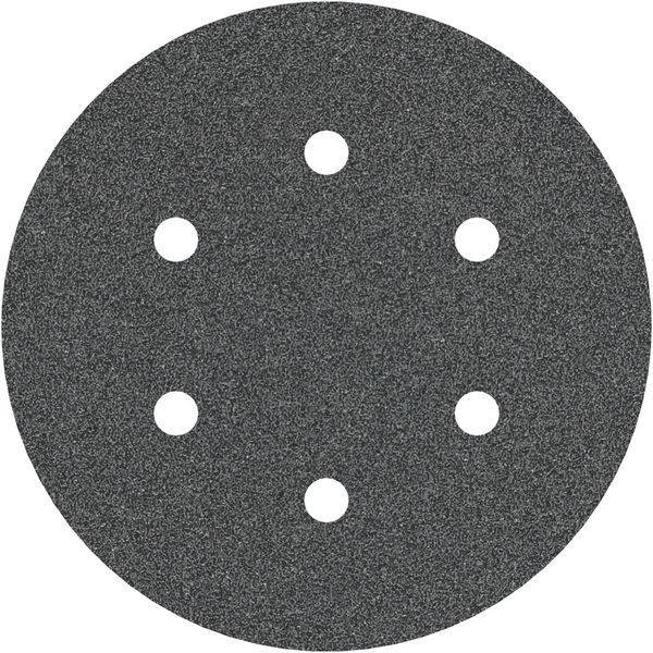 Eine runde Schleifpapierscheibe mit sechs gleichmäßig verteilten Löchern, die typischerweise für Exzenterschleifer verwendet wird, ist auf einem weißen Hintergrund abgebildet.