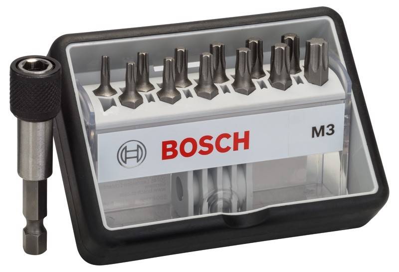 Ein Set aus zehn Bosch-Schraubendreher-Bits in einem schwarzen und transparenten Kunststoffetui. Auf der Vorderseite sind die Beschriftung 'M3' und das Bosch-Logo angebracht.