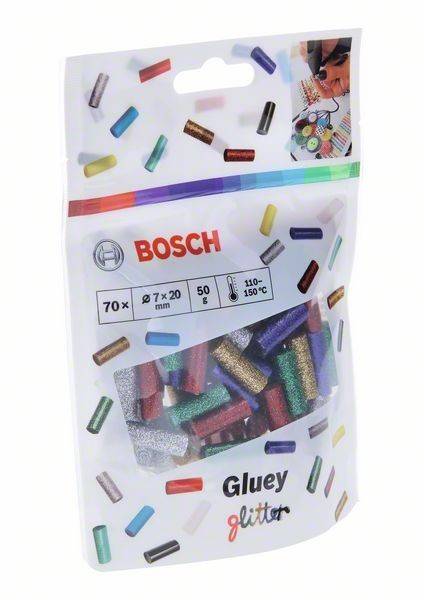 Packung mit Bosch Gluey Glitzer-Klebesticks, 70 bunte Sticks, 7 mm Durchmesser x 20 mm Länge, 50 g, für die Verwendung zwischen 110-150 °C.