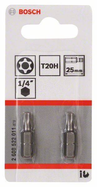 Torx T20H, 25mm, 1/4 Zoll' zeigt sechseckige und Torx-Bit-Illustrationen, Abmessungen und Kompatibilität für Werkzeugbit-Verpackungen.