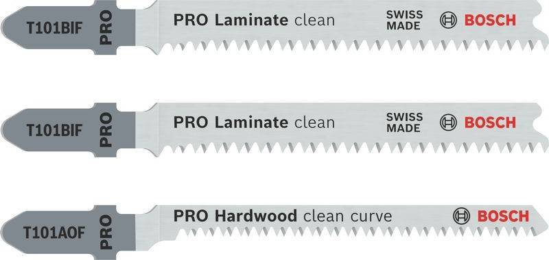 Sägeblätter für spezifische Materialien: 'PRO Laminate clean', 'PRO Laminate clean' und 'PRO Hardwood clean curve'.