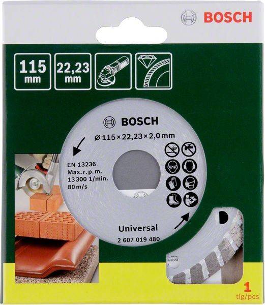Bosch Universal-Schleifscheibe, 115 mm Durchmesser, 22,23 mm Aufnahme. Geeignet für die Verwendung mit Winkelschleifern. Max. Drehzahl: 13.300. EN 13236.