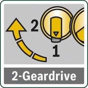Symbol für '2-Geardrive' mit einem Pfeil, der einen Gangwechsel von Gang 1 zu Gang 2 zeigt, gekennzeichnet durch eine Nummerierung, was einen Zweigangbetrieb andeutet.