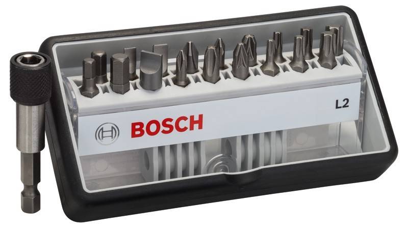 Ein Set verschiedener Bohrbitze in einer Kunststoffbox, mit der Aufschrift 'BOSCH' in roter Schrift.