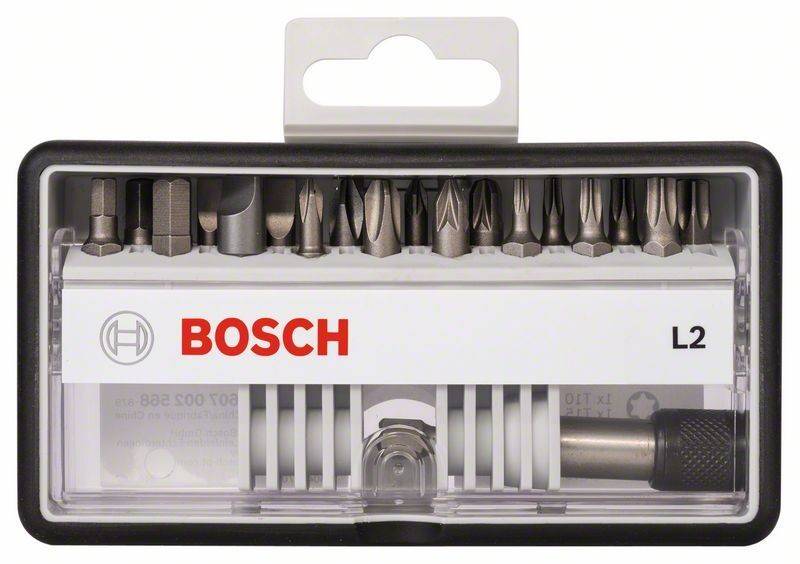 Ein Satz Bosch-Schraubendreher-Bits in einer weißen Kunststoffbox, die verschiedene Kopftypen zeigt.