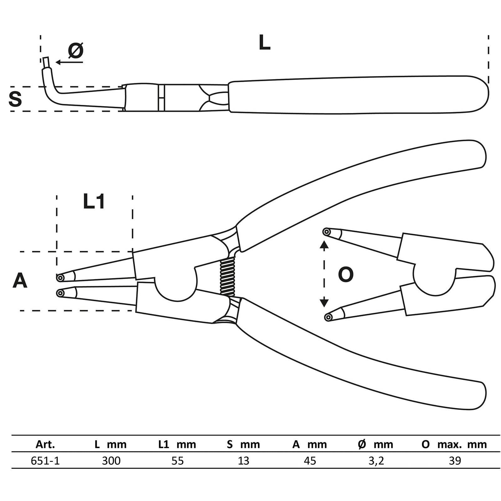 Diagramm einer spezialisierten Zange mit zwei Ansichten: Seitenansicht (mit gebogener Spitze) und Draufsicht (geöffnet). Abmessungen sind in Millimetern beschriftet, einschließlich Teillängen, Dicke und maximaler Öffnungsgröße.