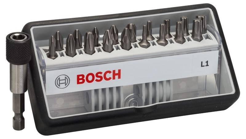Beschrifteter 'Bosch' Koffer mit verschiedenen Schraubendreher-Bits, die sorgfältig in Reihen angeordnet sind und ihre unterschiedlichen Formen und Größen präsentieren.