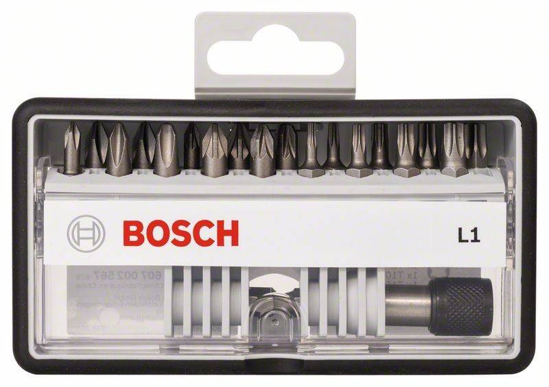 Bosch Schrauberbit-Set mit verschiedenen Stahlbits für unterschiedliche Schraubenköpfe, in einem kompakten, transparenten Etui aufbewahrt.