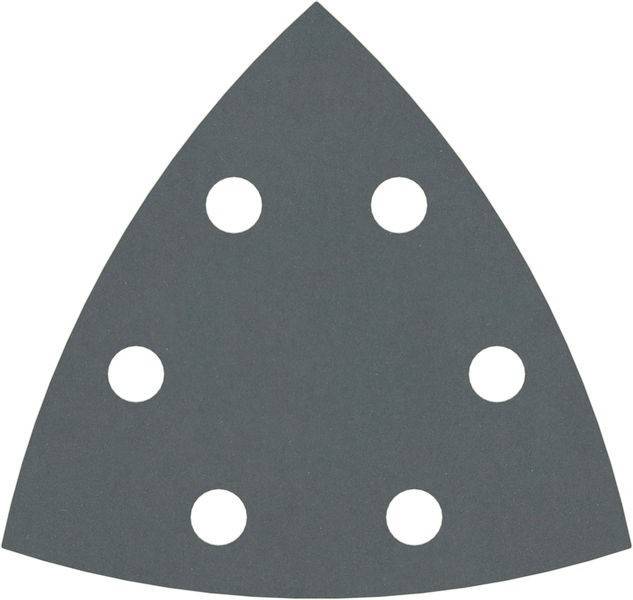 Ein dreieckiger grauer Schleifblock mit sechs Löchern, der für Feinschliff bei Holz- oder Metallarbeiten verwendet wird.