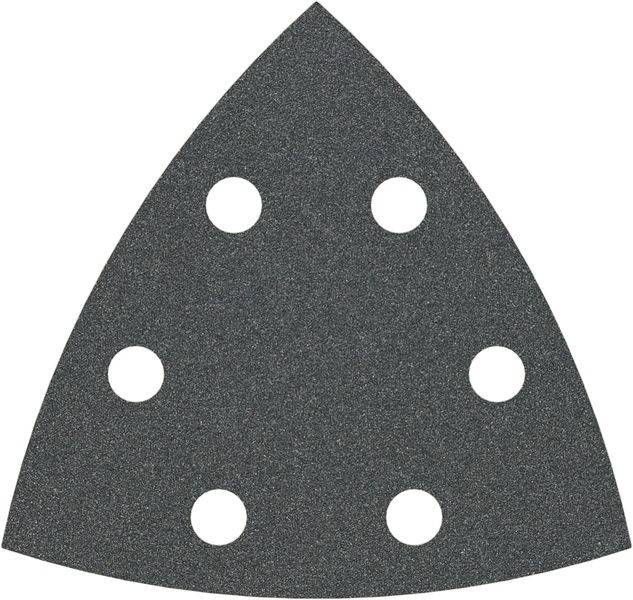 Ein dreieckiger Schleifpad mit sechs kreisförmigen Löchern, der für Elektroschleifer verwendet wird.
