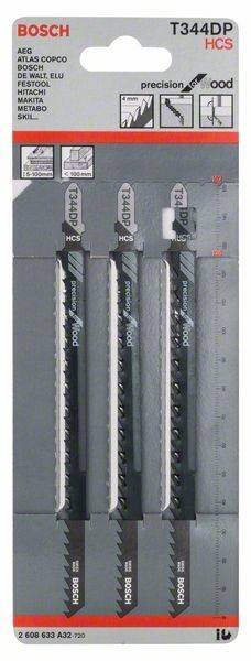 Fünferpack Bosch Präzisions-Stichsägeblätter, Modell T144DP, mit einem daneben liegenden Maßstab zur Größenangabe.