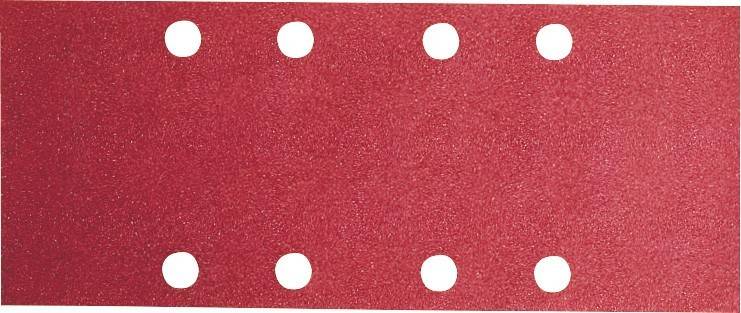 Ein Blatt roten Schmirgelpapiers mit vier gleichmäßig verteilten kreisrunden Löchern, das zum Glätten von Oberflächen verwendet wird.