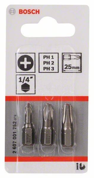 Drei Schraubenbits in Kunststoffverpackung, beschriftet mit 'PH1', 'PH2', 'PH3', mit einer Darstellung eines Kreuzschliffkopfes und '25mm', die die Größe angeben.