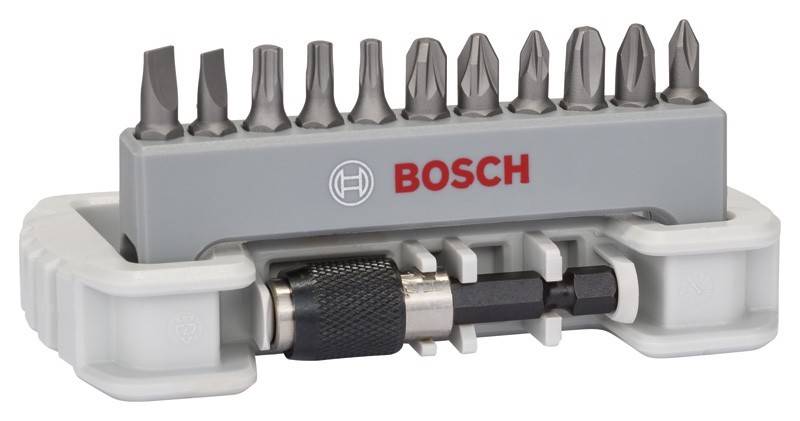 Ein Satz Bosch-Schraubendreher-Bits mit verschiedenen Spitzen, untergebracht in einem grauen Halter mit dem Bosch-Logo.