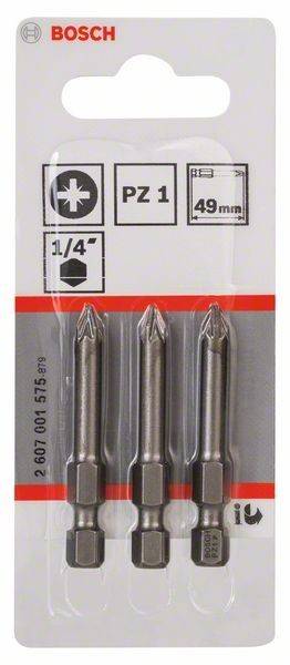 Schraubenziehereinsätze, PZ1, 49 mm Länge, 1/4 Zoll Schaft, Chrom-Finish, 3er-Set, in Blisterverpackung.