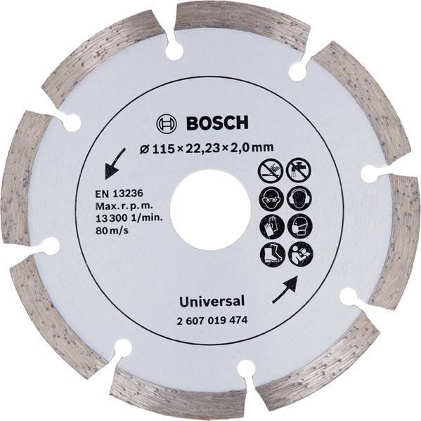 Eine Kreissägeblatt mit Bosch-Branding, Größenangaben von 115 x 22,23 x 2,0 mm, Geschwindigkeitsdetails und mehreren Sicherheitssymbolen.