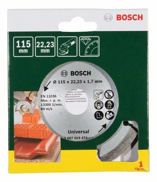 Bosch Universal-Trennscheibe - Verpackung mit Abmessungen, Sicherheitssymbolen und Verwendungsmöglichkeiten für Materialien wie Ziegel. Geeignet für Winkelschleifer.