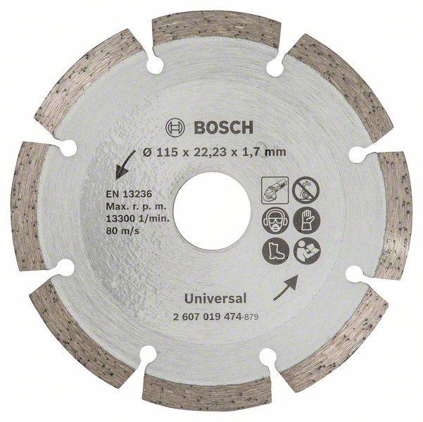 Eine Bosch Kreissägeblatt mit einem Durchmesser von 115 mm; enthält Sicherheitssymbole und Spezifikationen wie max. Drehzahl von 13.300 U/min und eine Dicke von 1,7 mm.