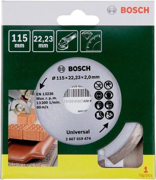 BOSCH Universal Schneidscheibe, 115 mm x 22,23 mm, bis zu 13.300 U/min, geeignet für Metall und Stein. Enthält Verwendungsbilder und Spezifikationen.