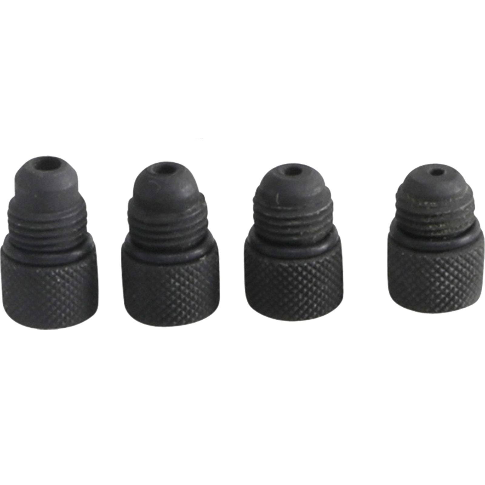 Vier schwarze, strukturierte Ventilkappen, horizontal nebeneinander angeordnet.