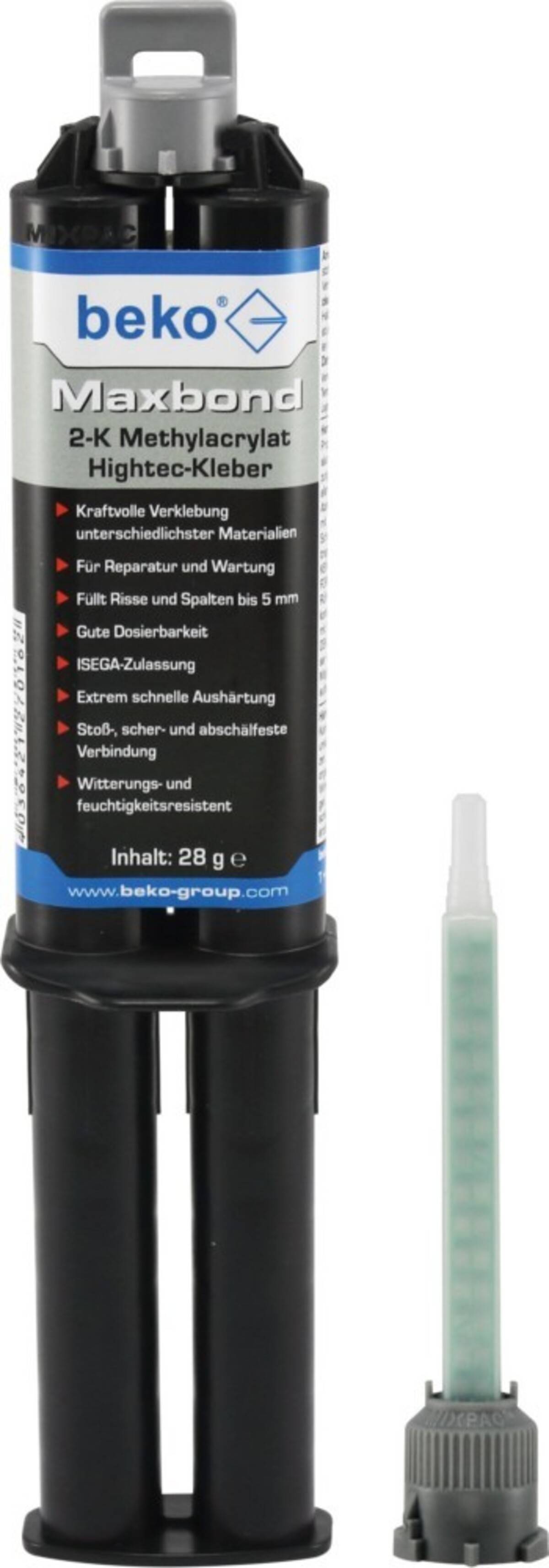 Tube des Beko Makrobon 2-Komponenten-Methacrylat-Hochleistungsklebers mit Mischdüse, daneben eine separate kleine Applikatorspitze dargestellt.