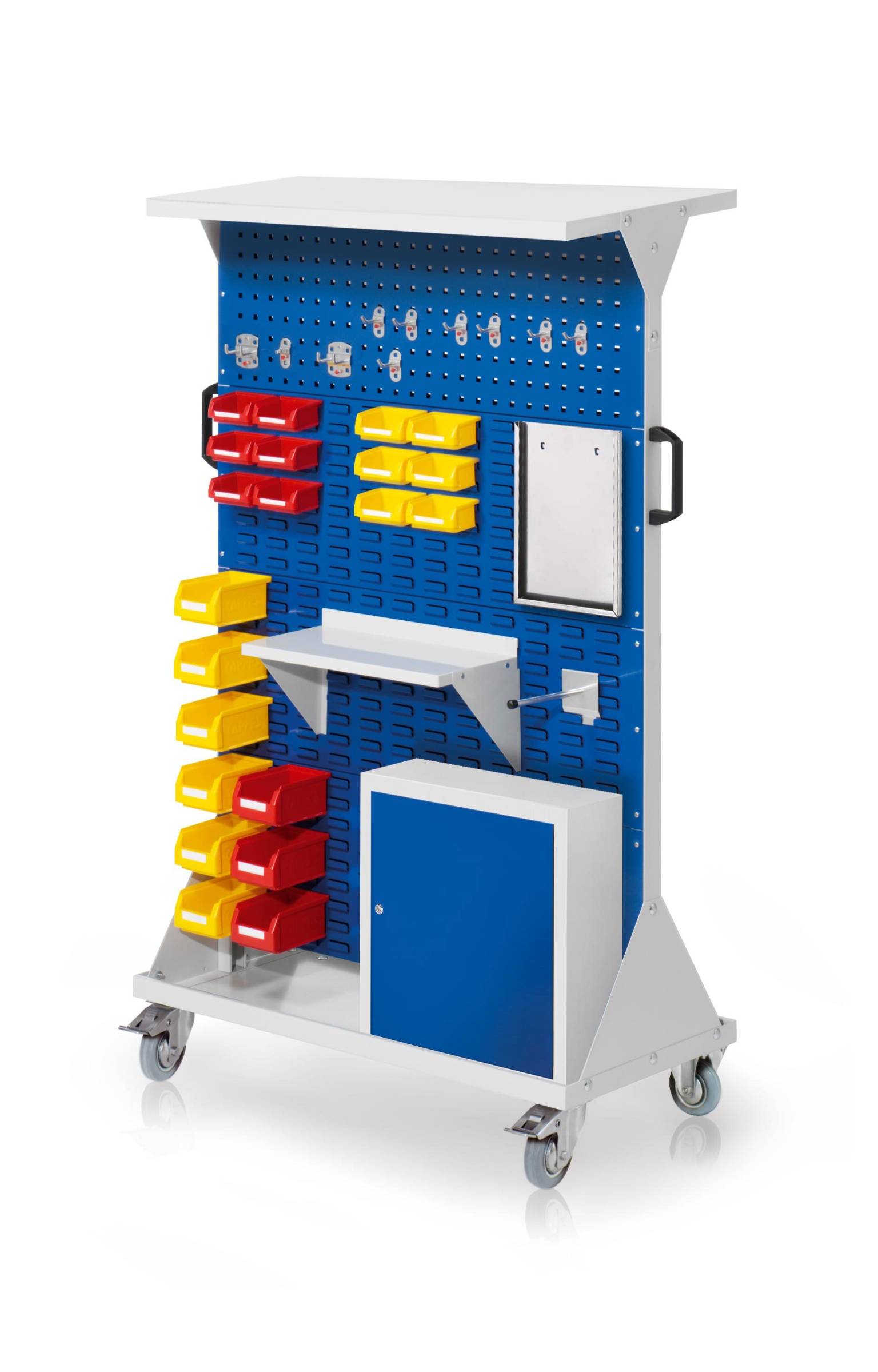 Kappes RasterMobil® mobiler Arbeitsplatzschrank Größe #4 1580x1000x500mm 2x Lochplatte 6x Schlitzplatte mit Ablageboden und Einhängeschrank 44-tei