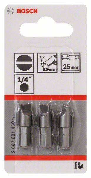 Verpackung für drei Metallschraubenziehereinsätze, jeweils 25 mm lang. Enthält Illustrationen mit Maßangaben und Verwendungssymbolen.