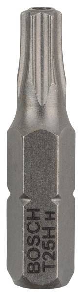 Ein metallischer, sechseckiger Schraubendreher-Bit-Kopf, der vertikal dargestellt wird, der in Bohrmaschinen und Schraubenziehern zum Eindrehen von Schrauben verwendet wird.