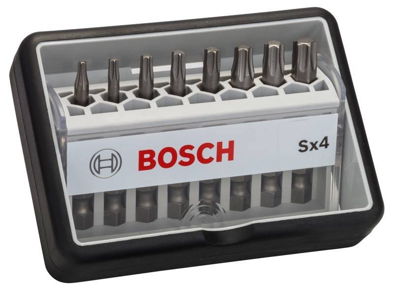 Bosch Schraubendreher-Bit-Set mit verschiedenen Bits in einem kompakten Kunststoffkoffer, gekennzeichnet mit 'Sx4'.