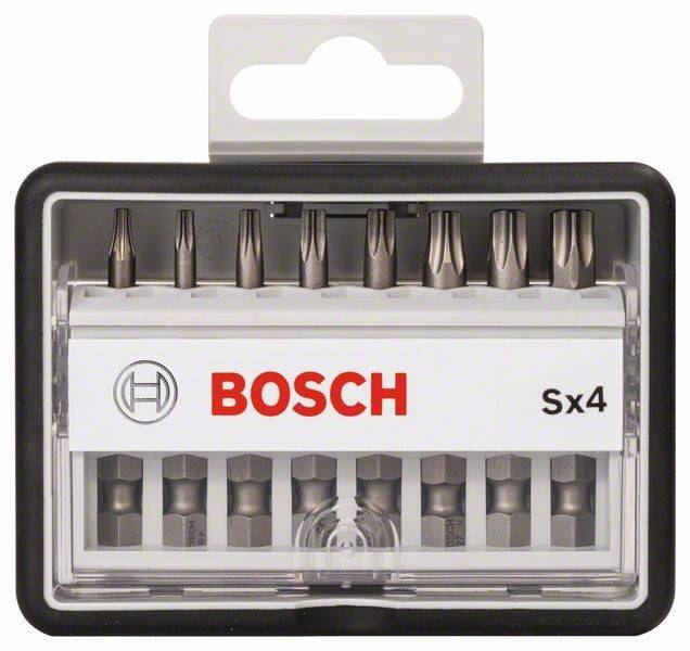 Ein Satz Bosch Sx4 Werkzeugbits mit verschiedenen Köpfen, darunter Torx und Phillips, in einem kompakten Kunststoffbehälter angeordnet.