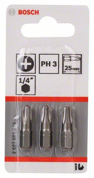 Verpackung eines 25-mm-Schraubendreher-Bitsatzes mit Kreuz-, 'PH 3'- und Sechseckssymbolen, mit drei metallischen Bits präsentiert.