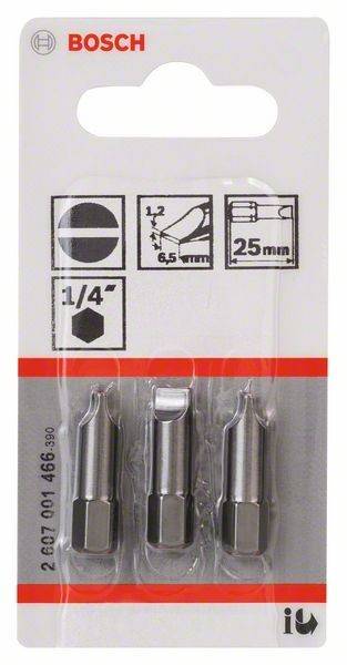 Verpackungsbild, das drei Metalldüsen mit Messungen von '6,5 mm' und '25 mm' zeigt. Enthält Symbole, die Abmessungen und Winkel anzeigen.
