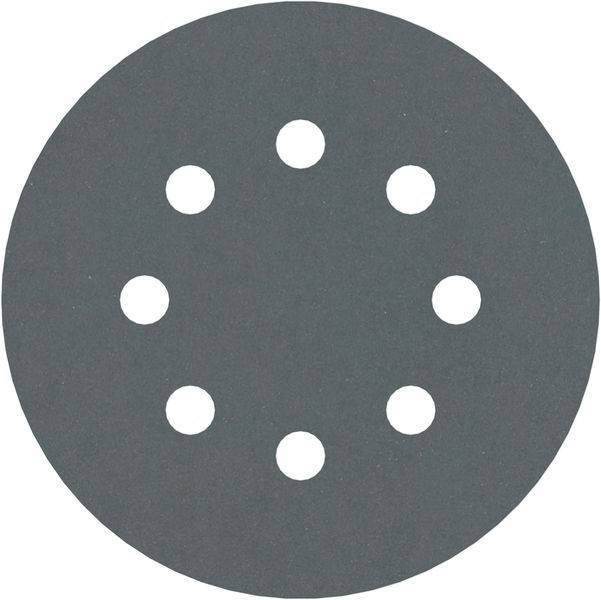 Eine runde schwarze Schleifscheibe mit acht gleichmäßig verteilten Löchern, die in einem Kreis angeordnet sind.