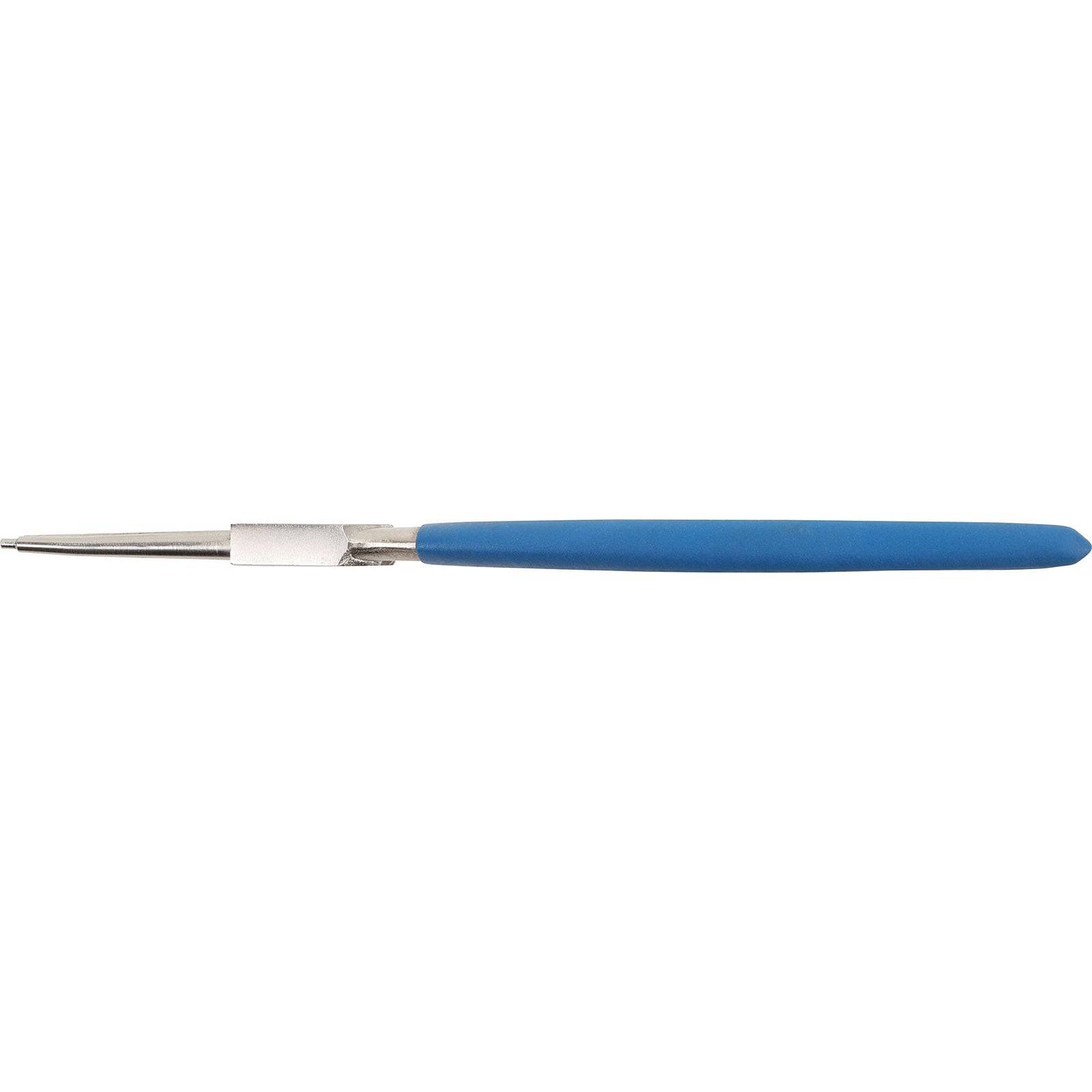 Ein Dentaltool mit blauem Griff und einer schlanken Metallfspitze, leicht gewinkelt für präzise Arbeiten.