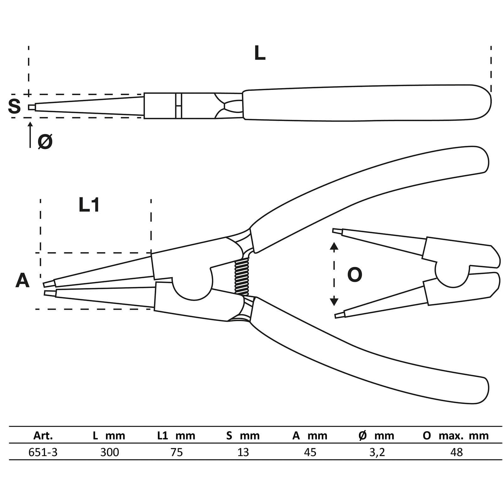 Technische Zeichnung einer Zange mit beschrifteten Abmessungen: L 130 mm, L1 75 mm, S 13 mm, A 45 mm, Ø 3,2 mm, O max. 48.