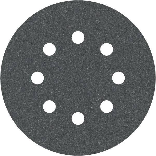 Eine runde, schwarze Schleifscheibe mit acht gleichmäßig verteilten Löchern, die für die Verwendung mit einem Exzenterschleifer auf verschiedenen Oberflächen entwickelt wurde.
