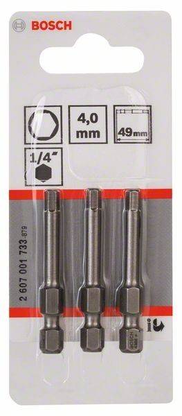 Verpackung von drei Sechskant-Schraubendreher-Bits, gekennzeichnet mit '4 mm', '49 mm' und '1/4